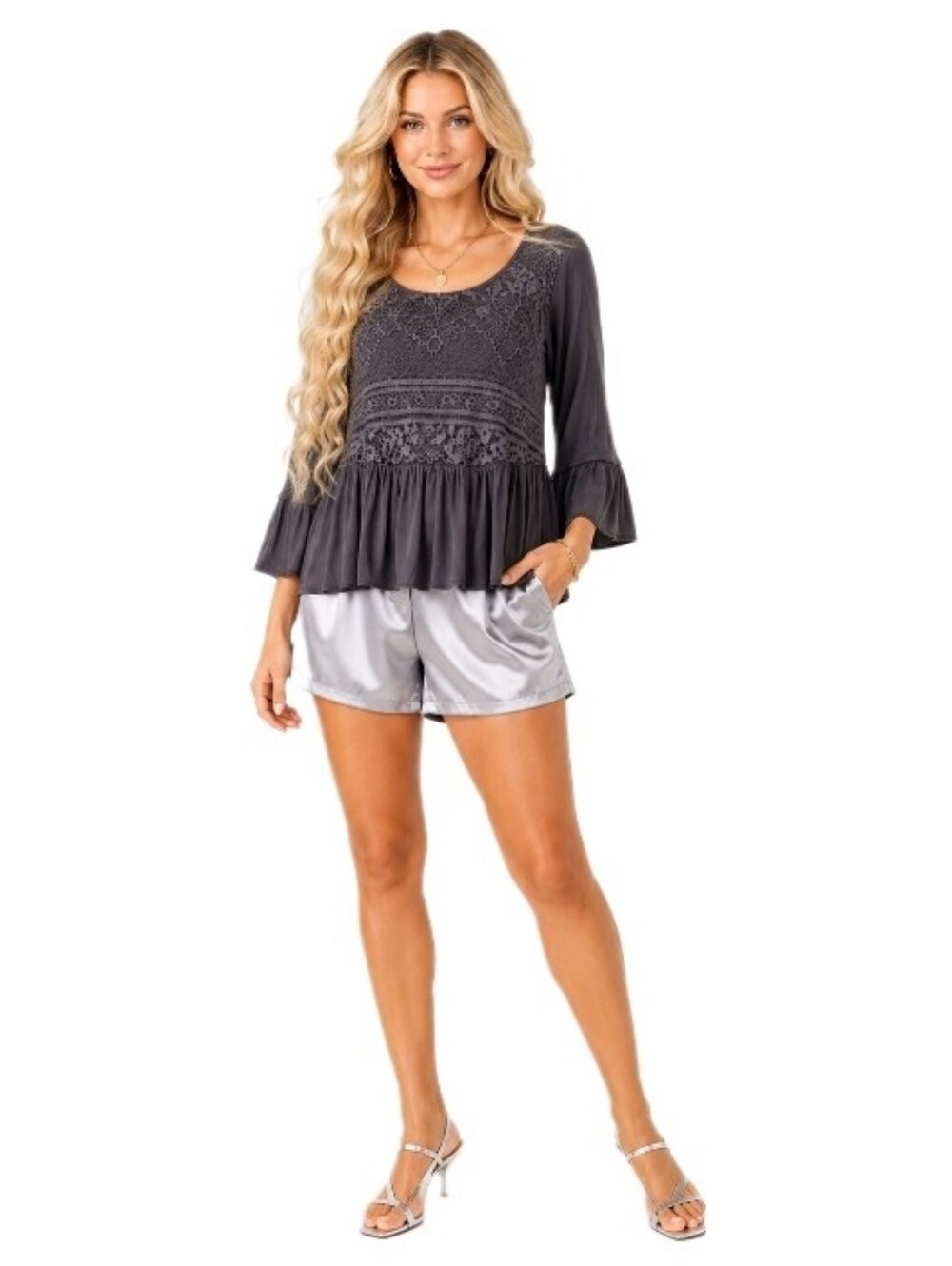 Knox Rose Gray Lace Peplum Blouse Bell Sleeve Boho Top XS